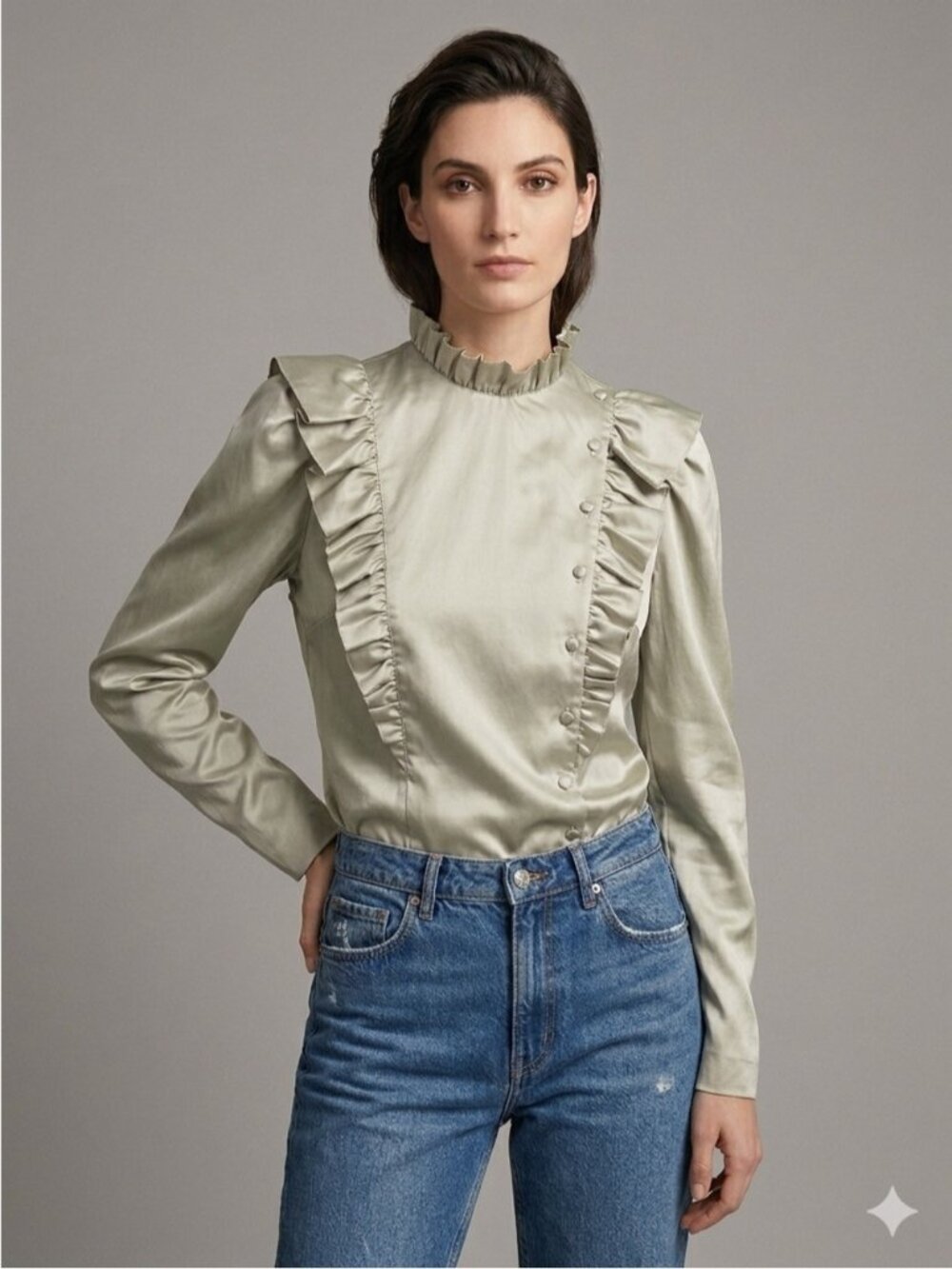 Vintage Ruffled Puff Shoulder Long Sleeve Taffeta Blouse - Small 🇯🇵
